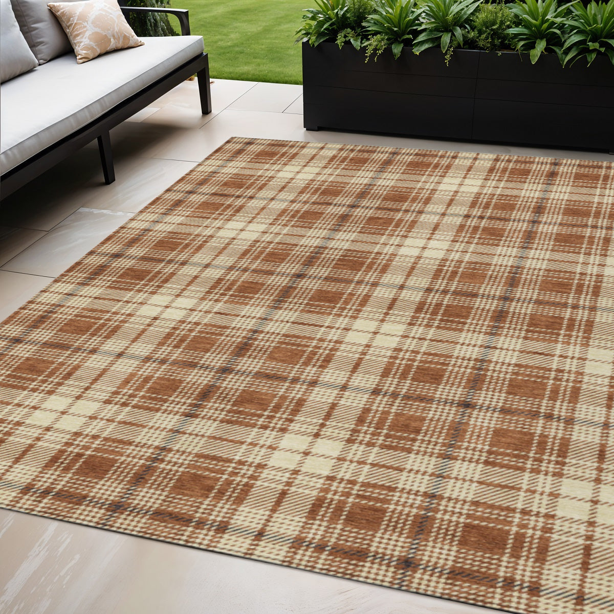 5' X 8' Brown Black And Beige Plaid Washable Indoor Outdoor Area Rug