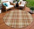 8' Brown Black And Beige Round Plaid Washable Indoor Outdoor Area Rug