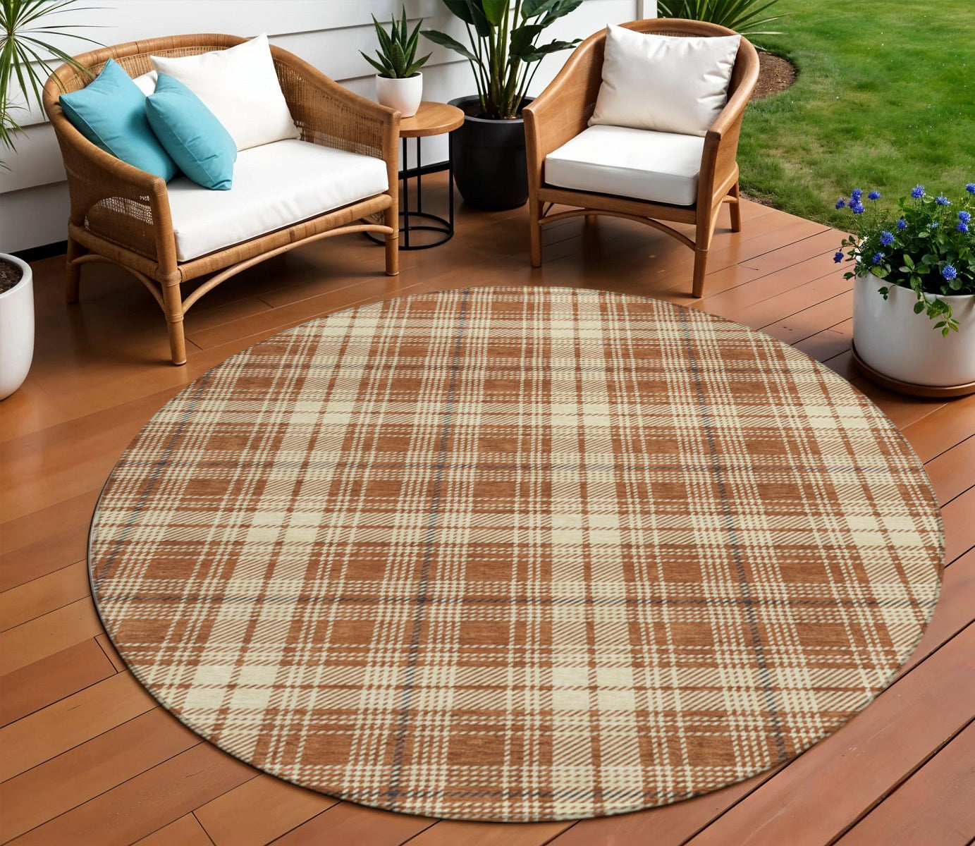 8' Brown Black And Beige Round Plaid Washable Indoor Outdoor Area Rug