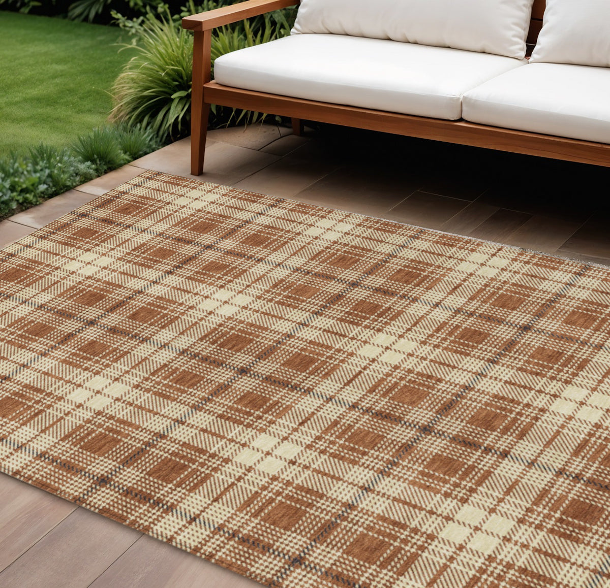 10' X 14' Brown Black And Beige Plaid Washable Indoor Outdoor Area Rug
