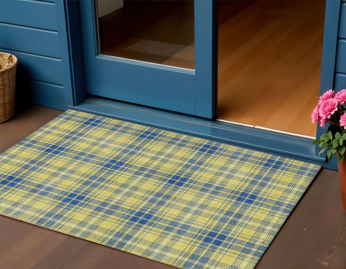 3' X 5' Yellow Blue And Ivory Plaid Washable Indoor Outdoor Area Rug