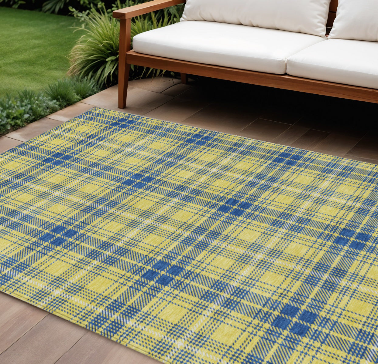 8' X 10' Yellow Blue And Ivory Plaid Washable Indoor Outdoor Area Rug