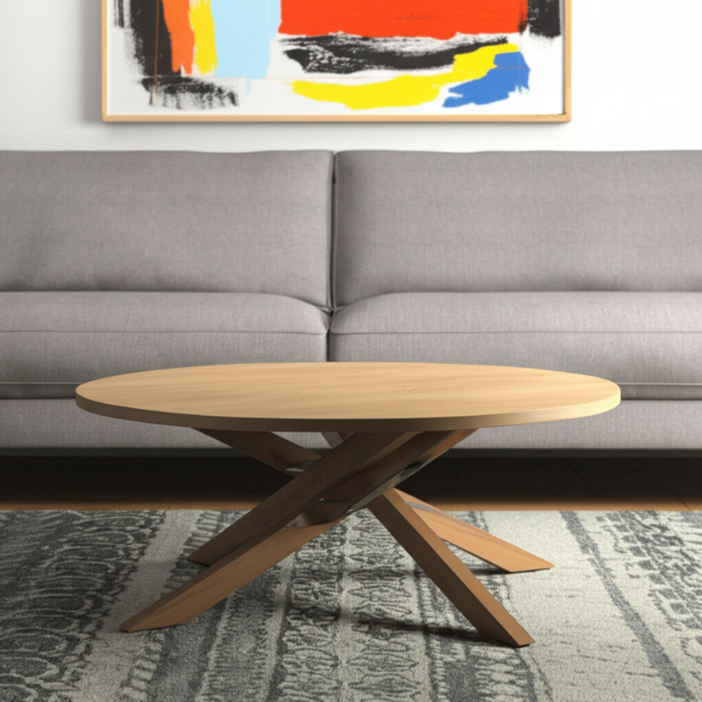 42'' Natural Solid Wood Round Cross Legs Coffee Table