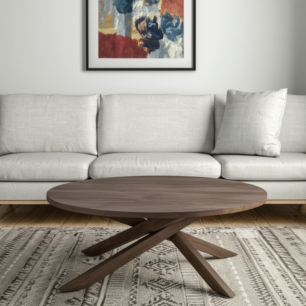 42'' Brown Solid Wood Round Cross Legs Coffee Table