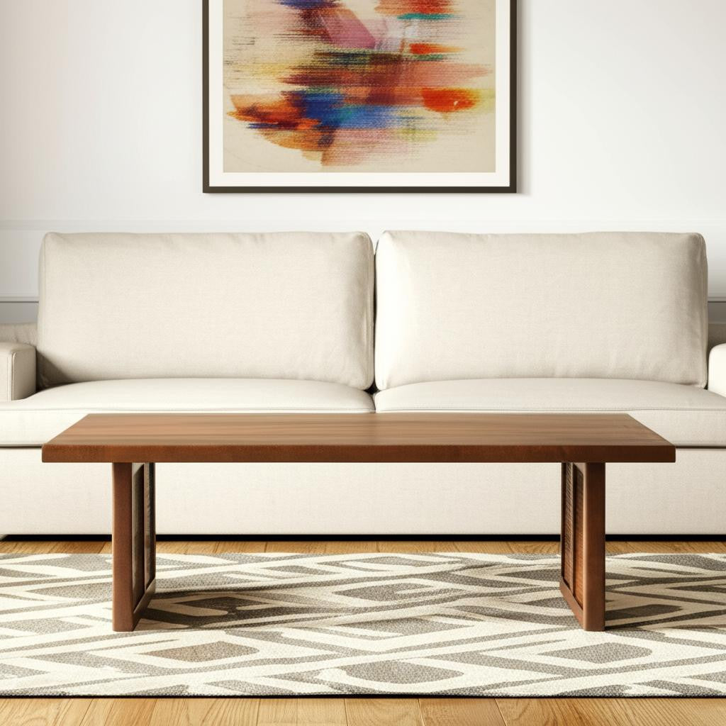42'' Brown and Natural Solid Wood and Wicker Square Double Pedestal Coffee Table