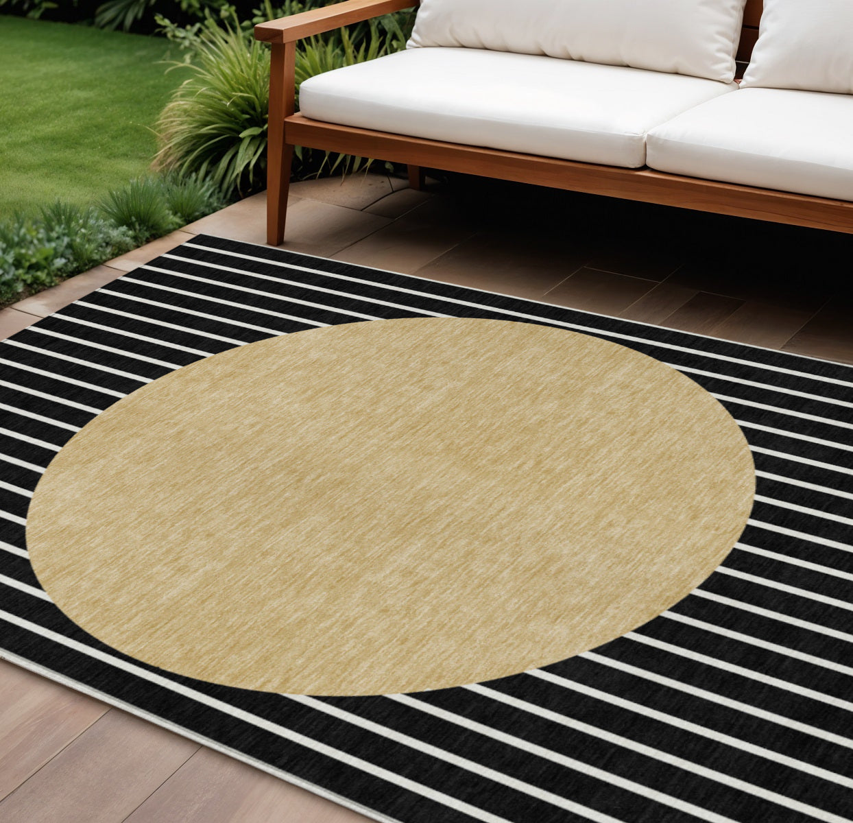 10' X 14' Black And Beige Striped Washable Indoor Outdoor Area Rug