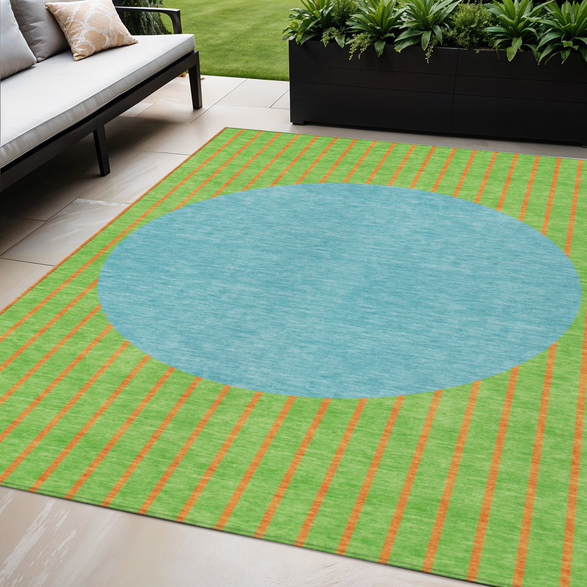 5' X 8' Lime Green And Blue Striped Washable Indoor Outdoor Area Rug