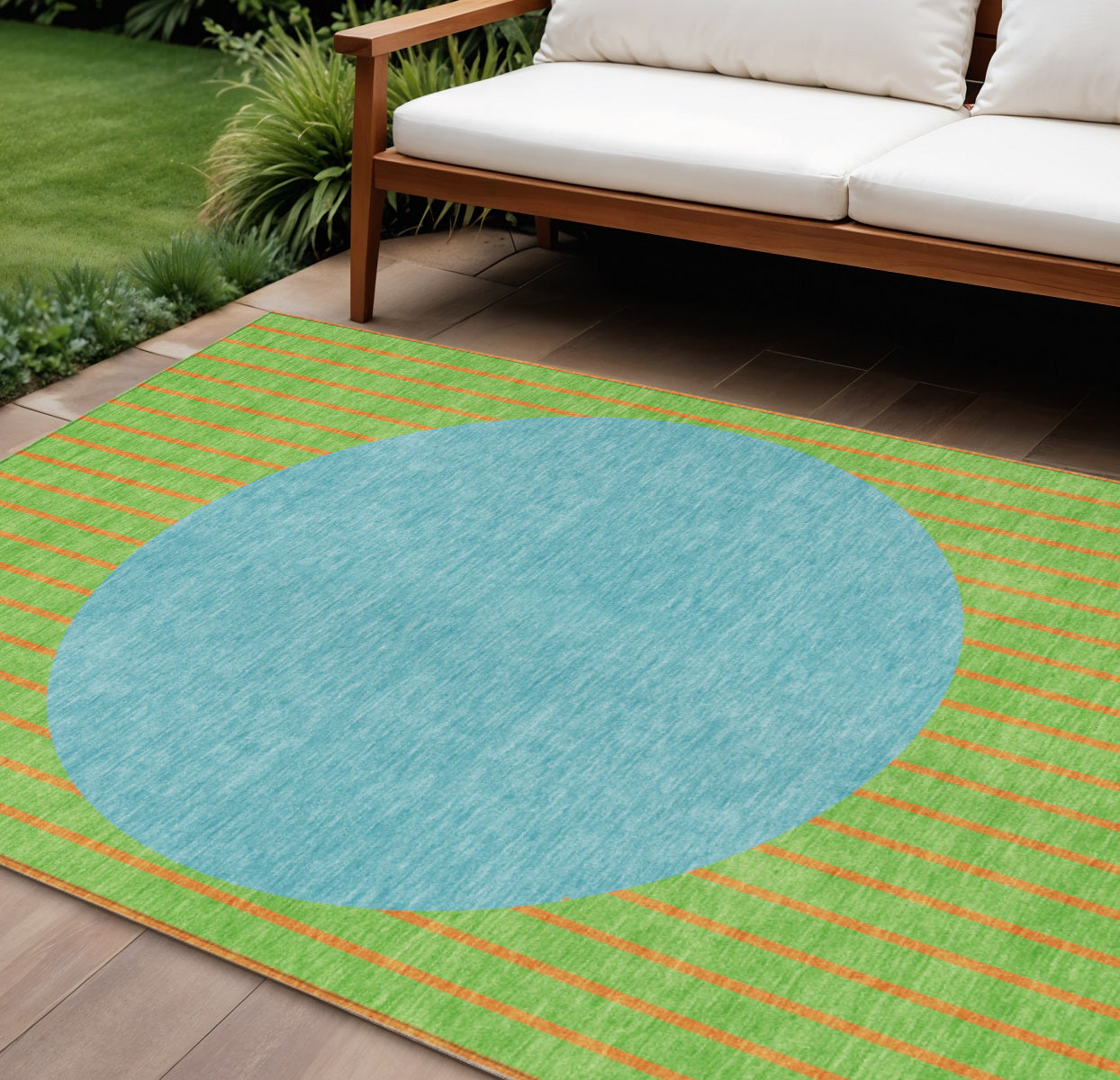 9' X 12' Lime Green And Blue Striped Washable Indoor Outdoor Area Rug