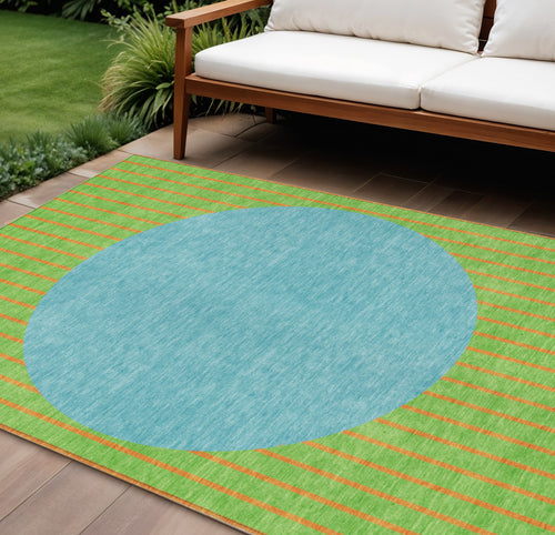 10' X 14' Lime Green And Blue Striped Washable Indoor Outdoor Area Rug