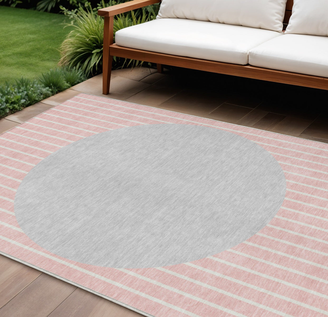 9' X 12' Pink And Silver Striped Washable Indoor Outdoor Area Rug