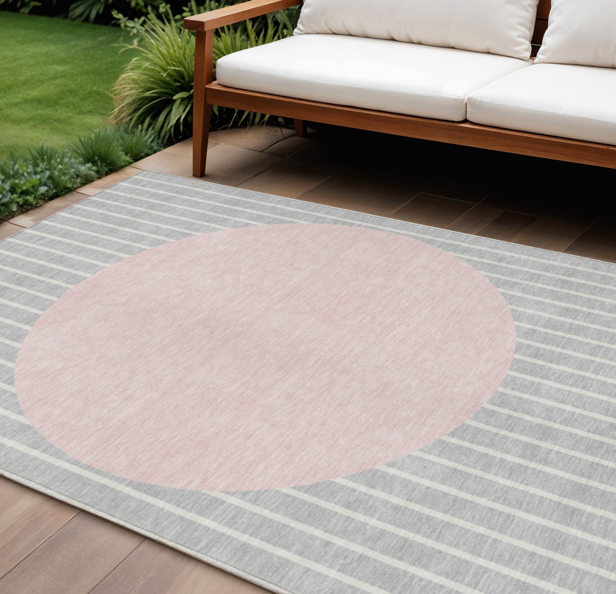 9' X 12' Silver And Pink Striped Washable Indoor Outdoor Area Rug
