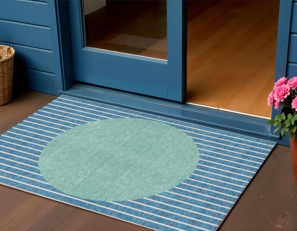 3' X 5' Teal Blue And Aqua Striped Washable Indoor Outdoor Area Rug