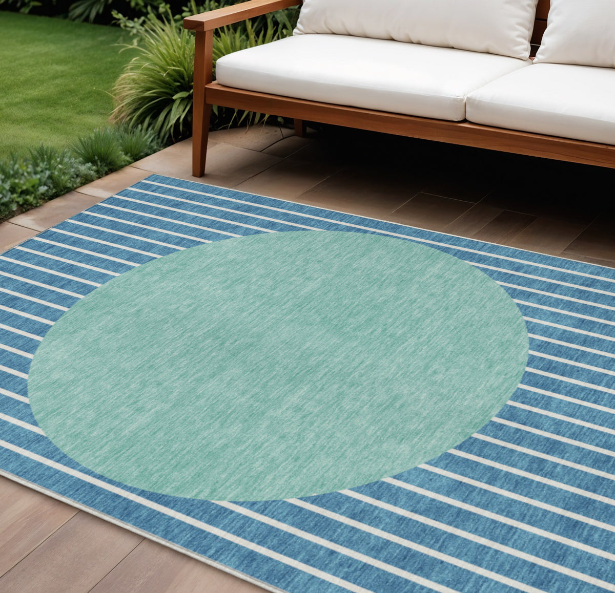 8' X 10' Teal Blue And Aqua Striped Washable Indoor Outdoor Area Rug