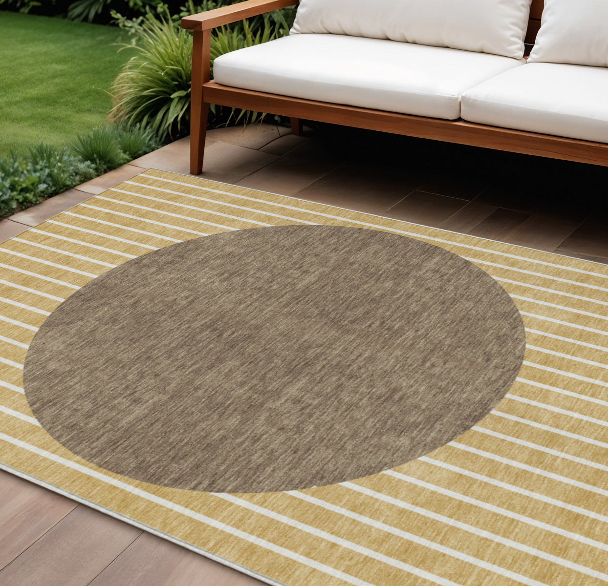 9' X 12' Wheat And Brown Striped Washable Indoor Outdoor Area Rug