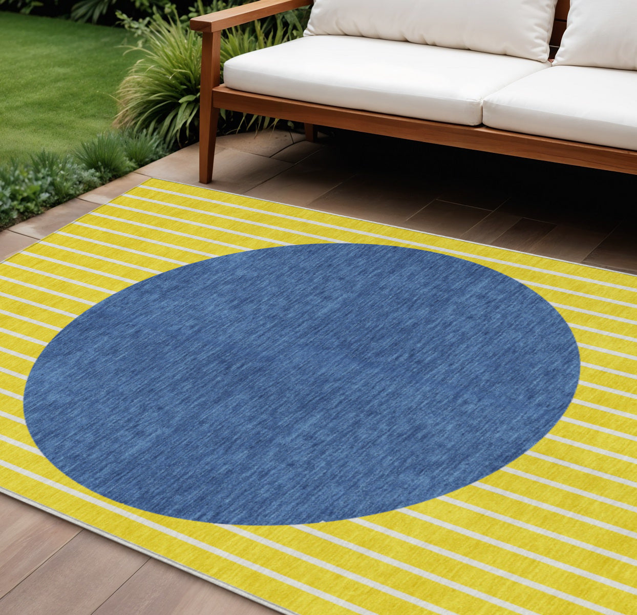 10' X 14' Yellow And Blue Striped Washable Indoor Outdoor Area Rug