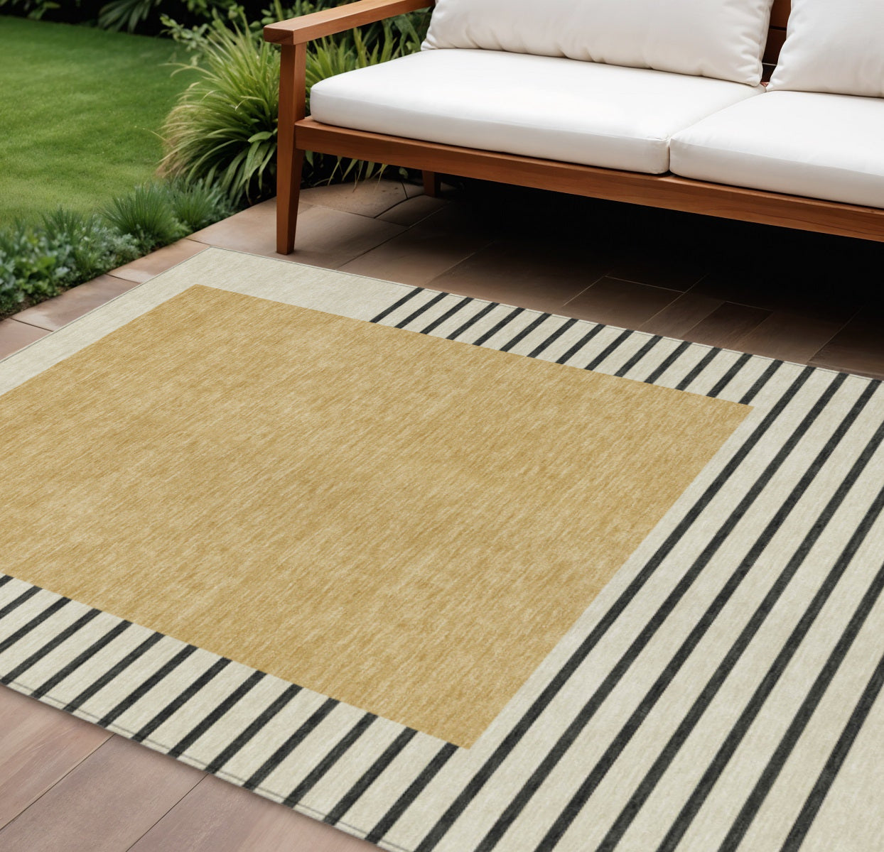 9' X 12' Gold Black And Beige Striped Washable Indoor Outdoor Area Rug