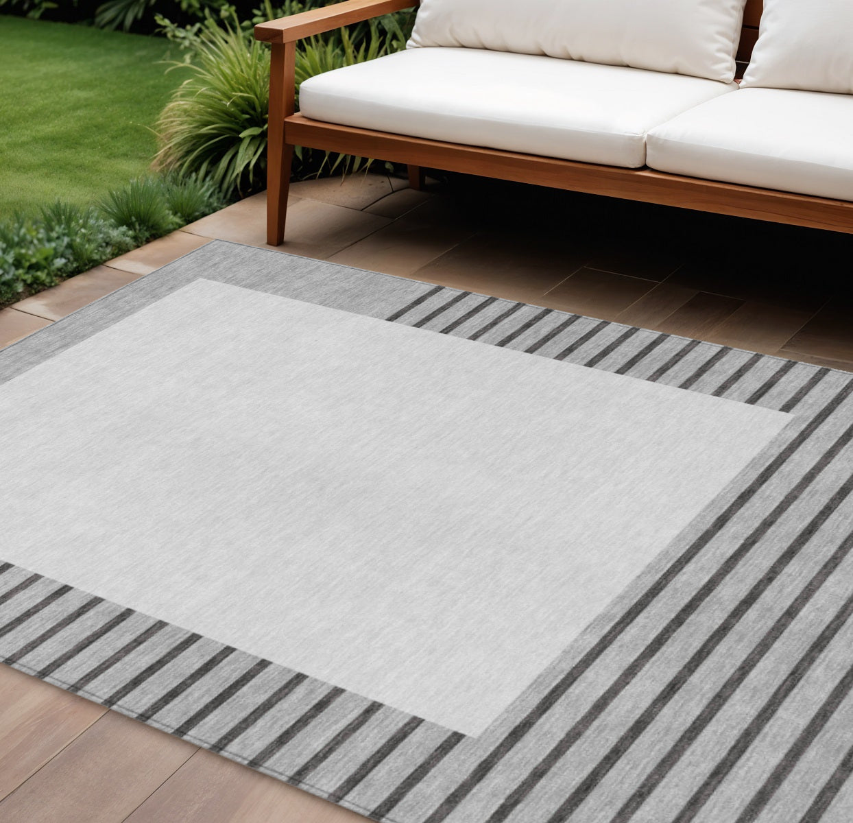 9' X 12' Gray Silver And Black Striped Washable Indoor Outdoor Area Rug