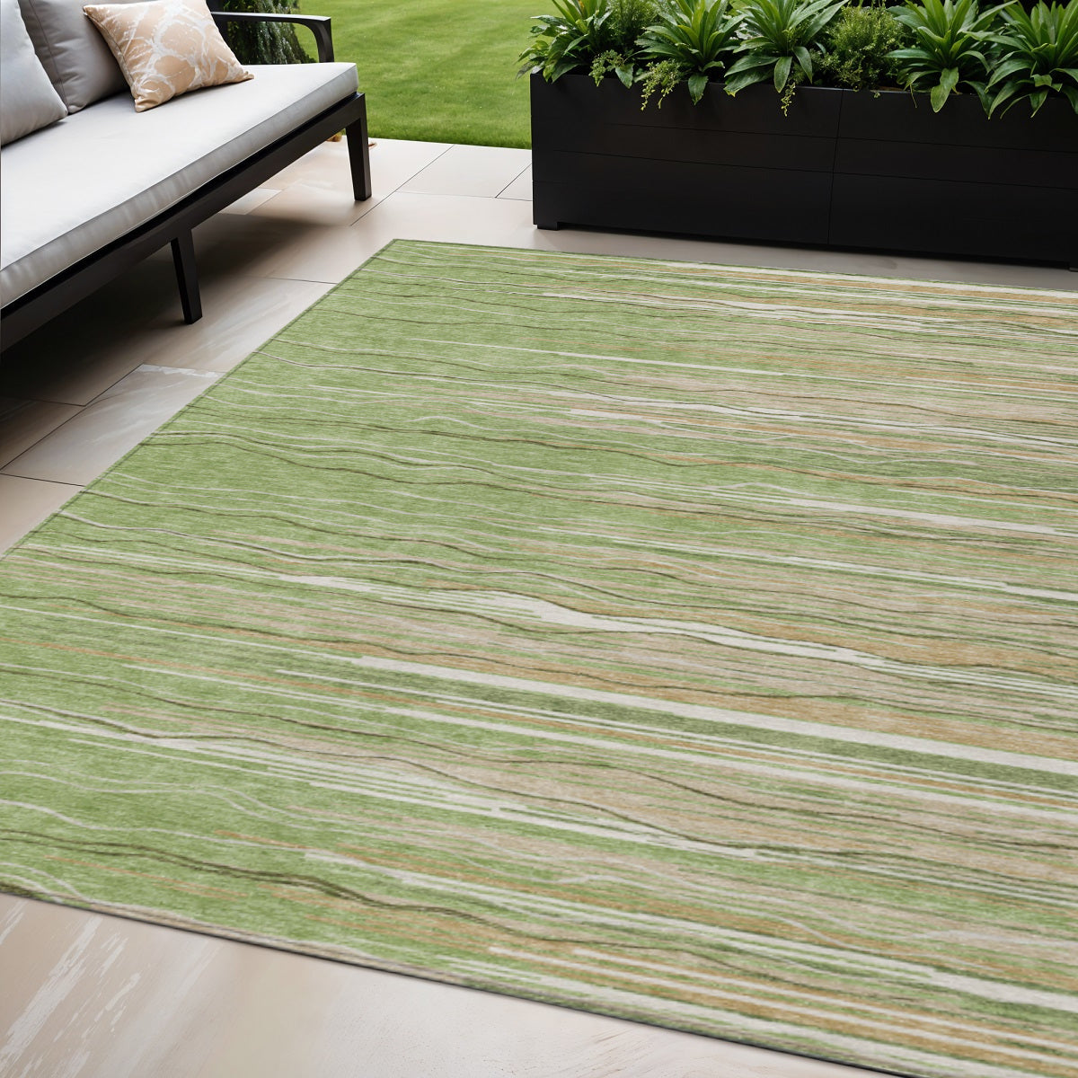 5' X 8' Green Beige And Ivory Striped Washable Indoor Outdoor Area Rug