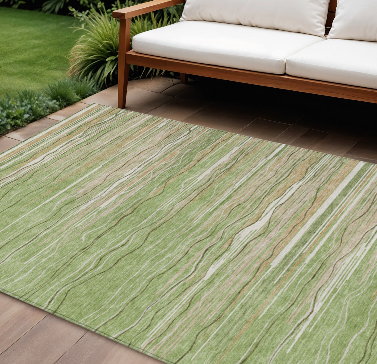 9' X 12' Green Beige And Ivory Striped Washable Indoor Outdoor Area Rug