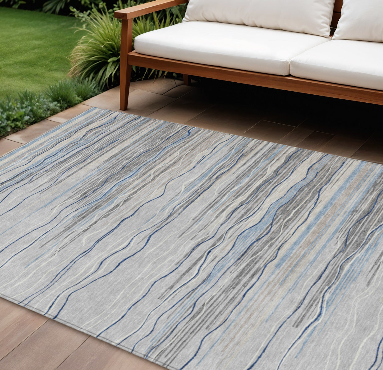 9' X 12' Gray Silver And Blue Striped Washable Indoor Outdoor Area Rug