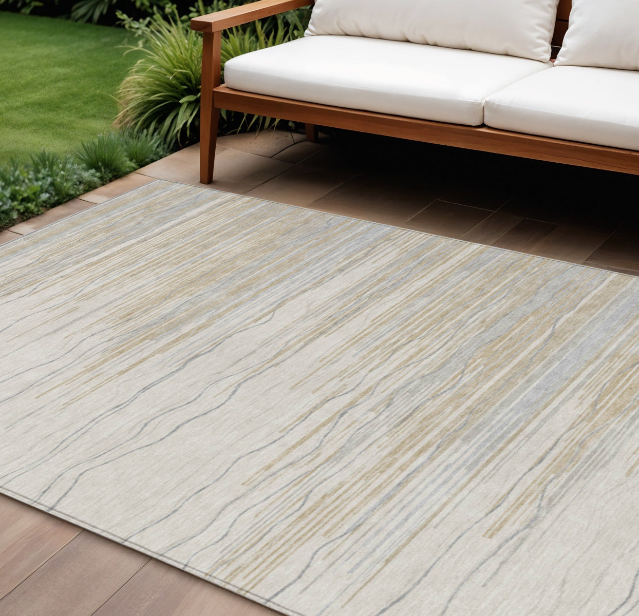 9' X 12' Linen Gray And Beige Striped Washable Indoor Outdoor Area Rug