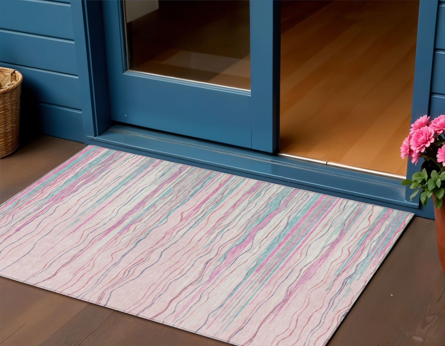 3' X 5' Pink Blue And Purple Striped Washable Indoor Outdoor Area Rug