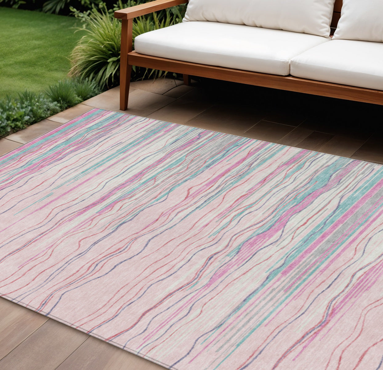 9' X 12' Pink Blue And Purple Striped Washable Indoor Outdoor Area Rug