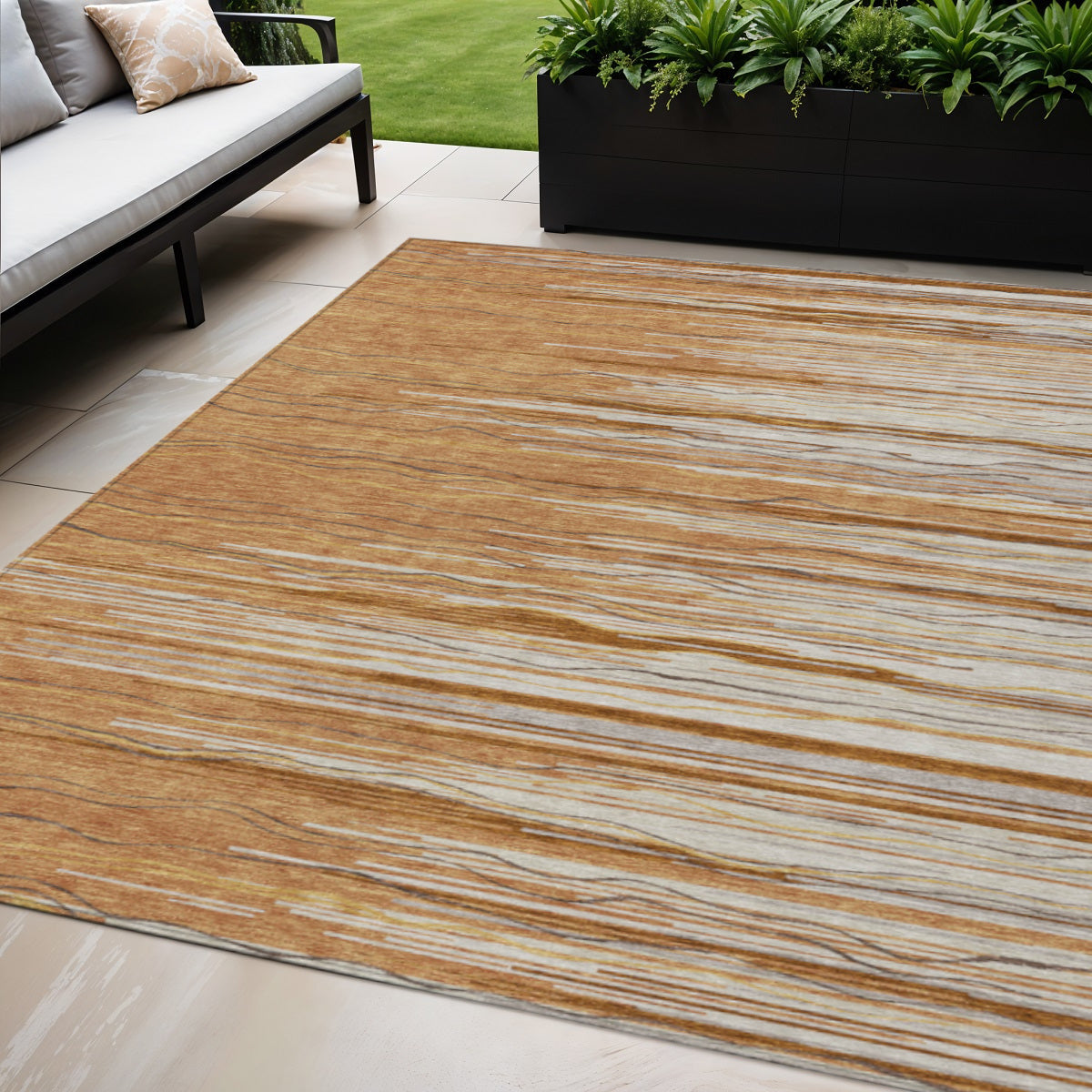 5' X 8' Brown Copper And Ivory Striped Washable Indoor Outdoor Area Rug