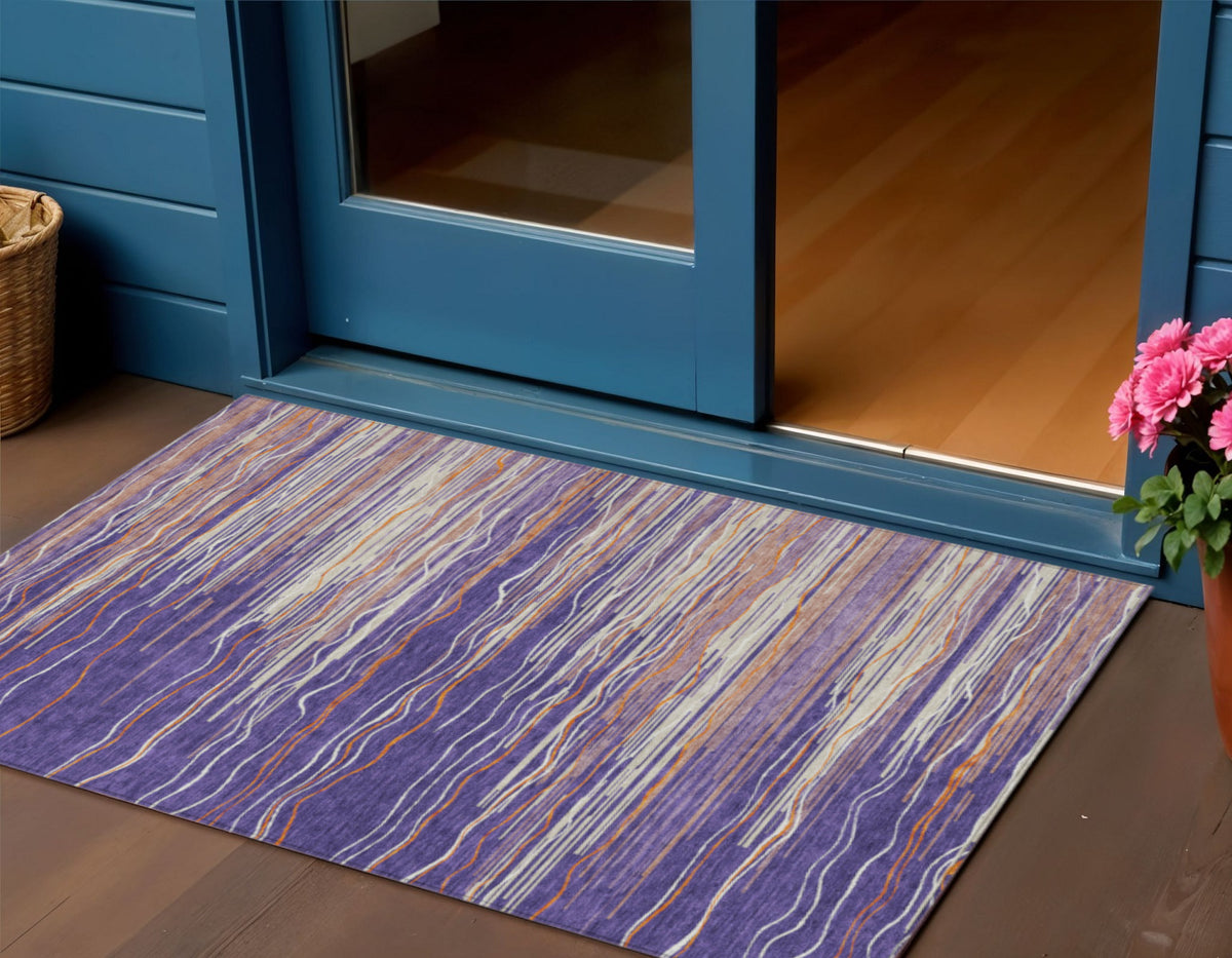 3' X 5' Purple Copper And Ivory Striped Washable Indoor Outdoor Area Rug