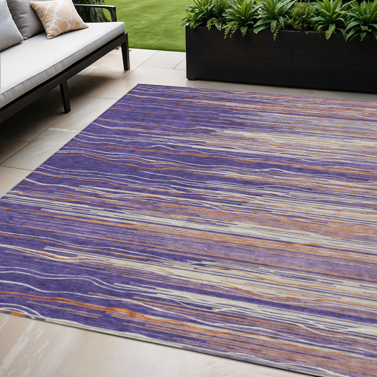 5' X 8' Purple Copper And Ivory Striped Washable Indoor Outdoor Area Rug