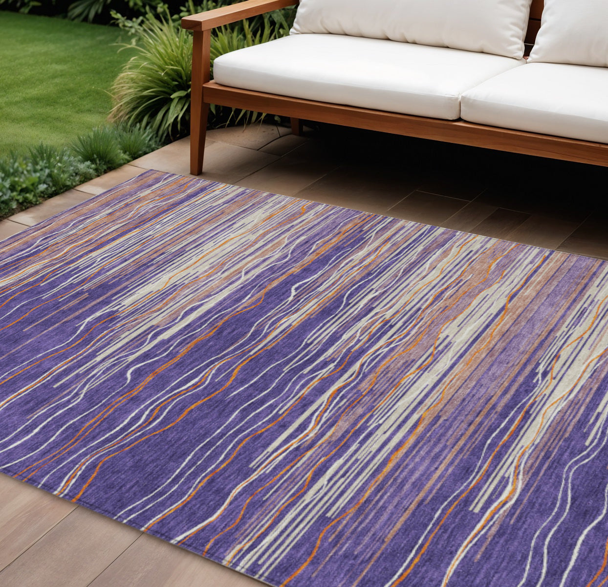 9' X 12' Purple Copper And Ivory Striped Washable Indoor Outdoor Area Rug