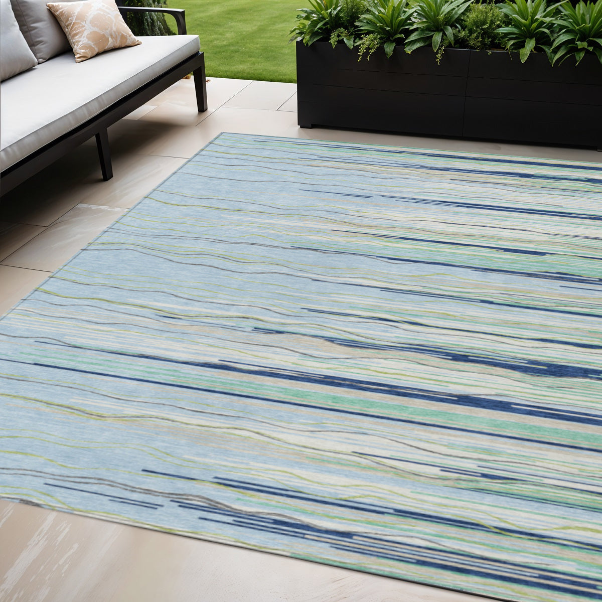 5' X 8' Sky Blue Aqua And Gray Striped Washable Indoor Outdoor Area Rug