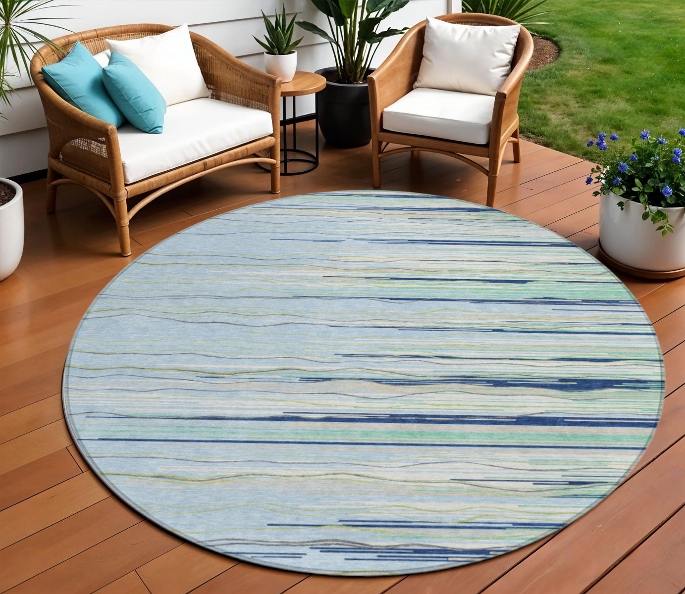 8' Sky Blue Aqua And Gray Round Striped Washable Indoor Outdoor Area Rug