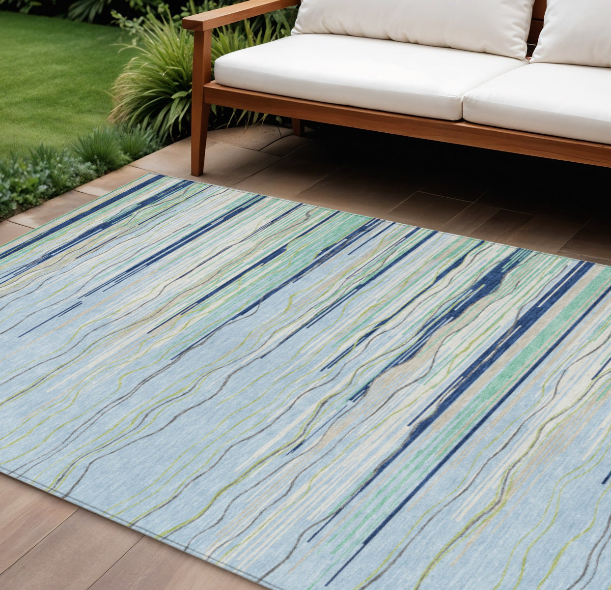 9' X 12' Sky Blue Aqua And Gray Striped Washable Indoor Outdoor Area Rug