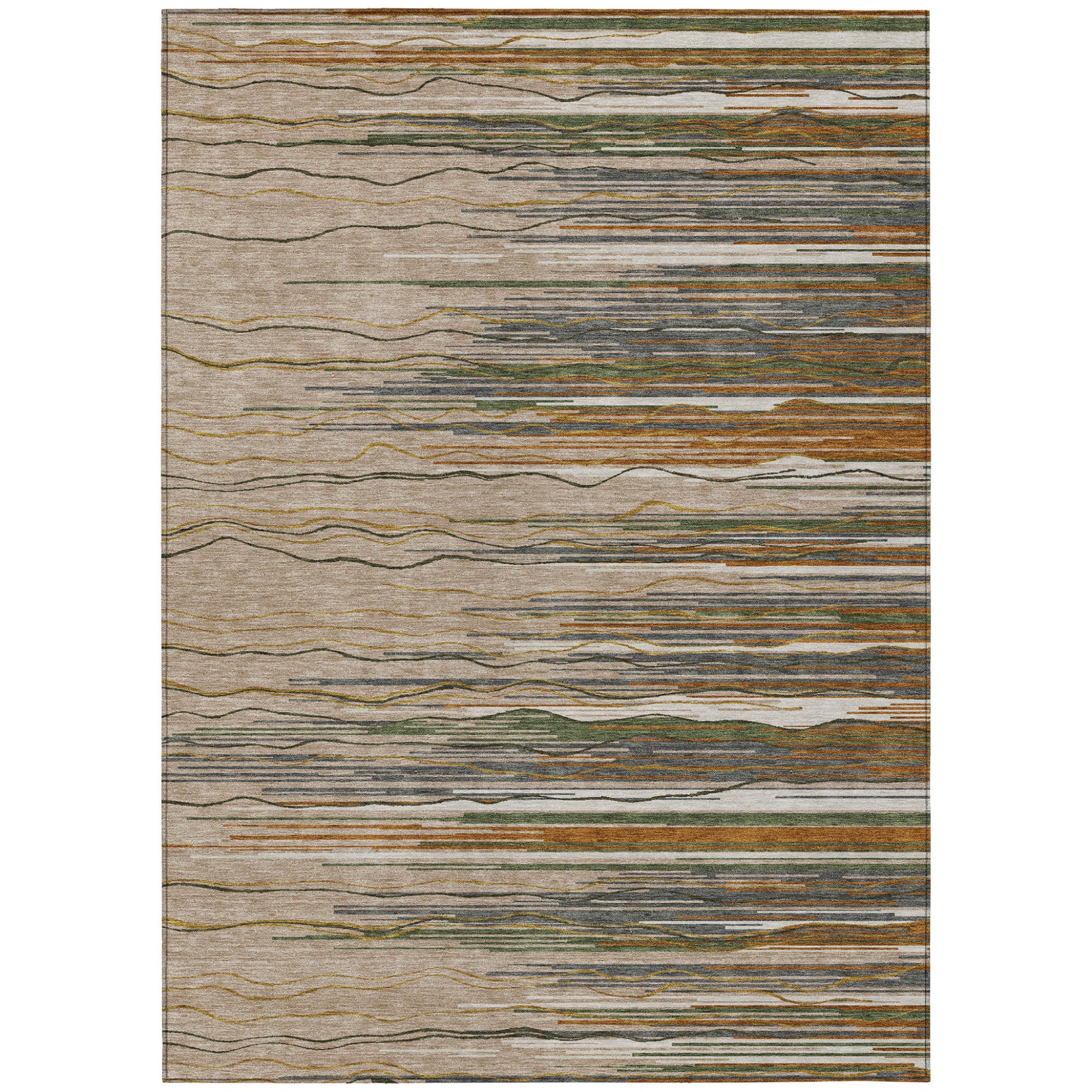 8' X 10' Taupe Copper And Green Striped Washable Indoor Outdoor Area Rug