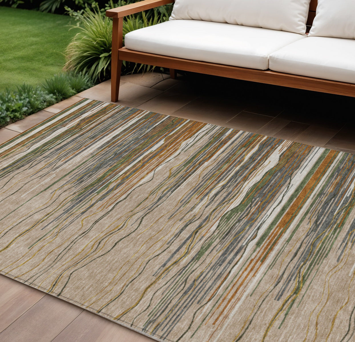 9' X 12' Taupe Copper And Green Striped Washable Indoor Outdoor Area Rug