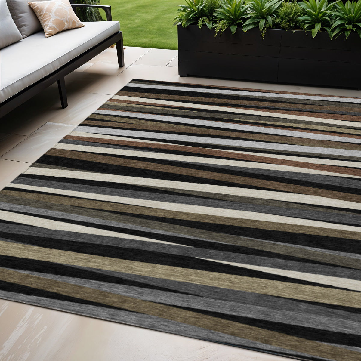 5' X 8' Black Brown And Ivory Striped Washable Indoor Outdoor Area Rug