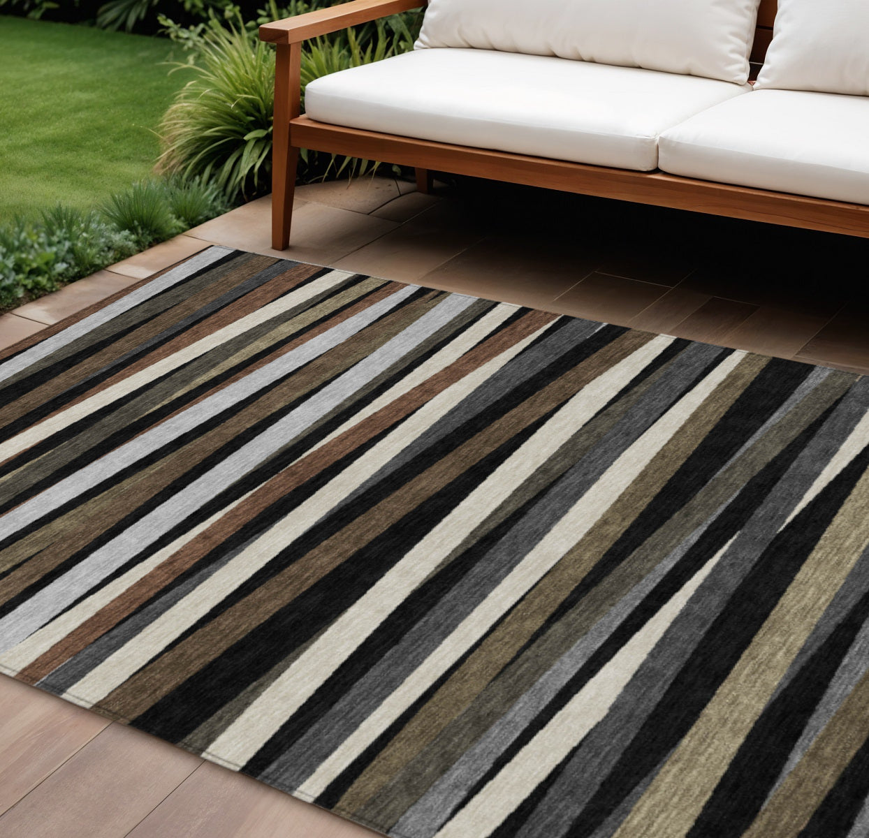 9' X 12' Black Brown And Ivory Striped Washable Indoor Outdoor Area Rug