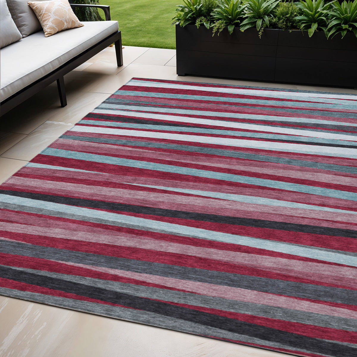 5' X 8' Burgundy Ivory And Blue Striped Washable Indoor Outdoor Area Rug