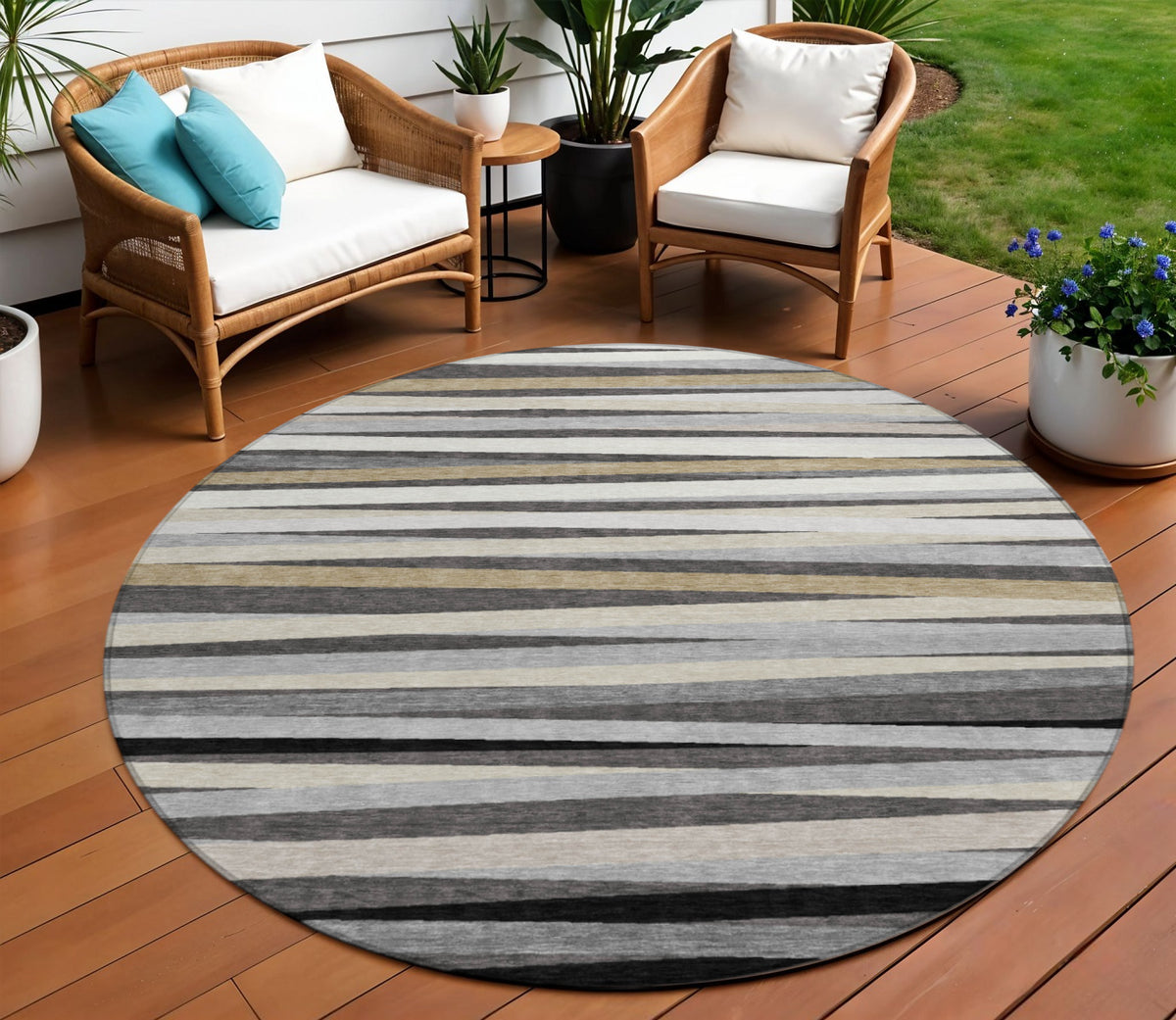 8' Gray Ivory And Beige Round Striped Washable Indoor Outdoor Area Rug