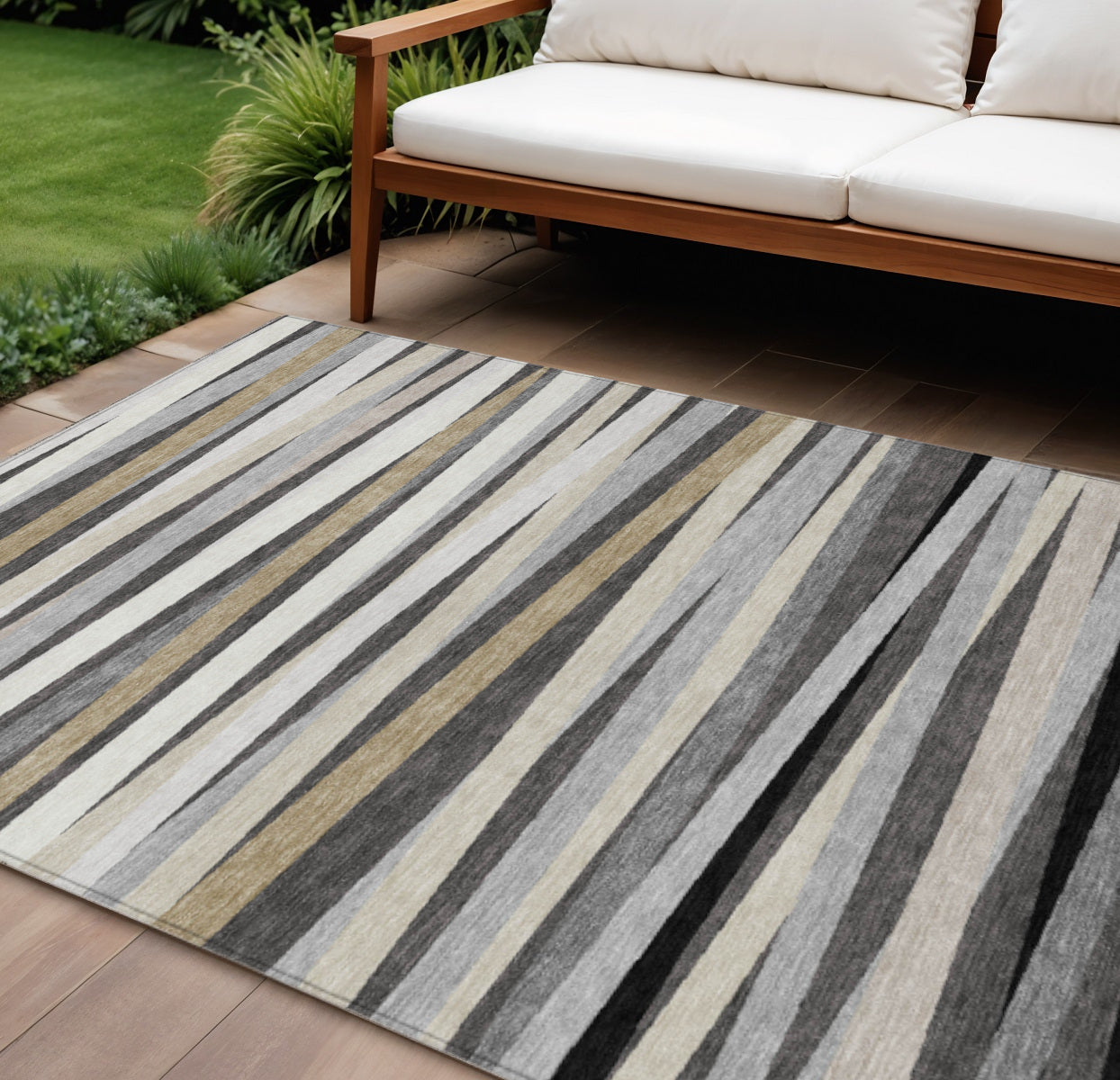 9' X 12' Gray Ivory And Beige Striped Washable Indoor Outdoor Area Rug