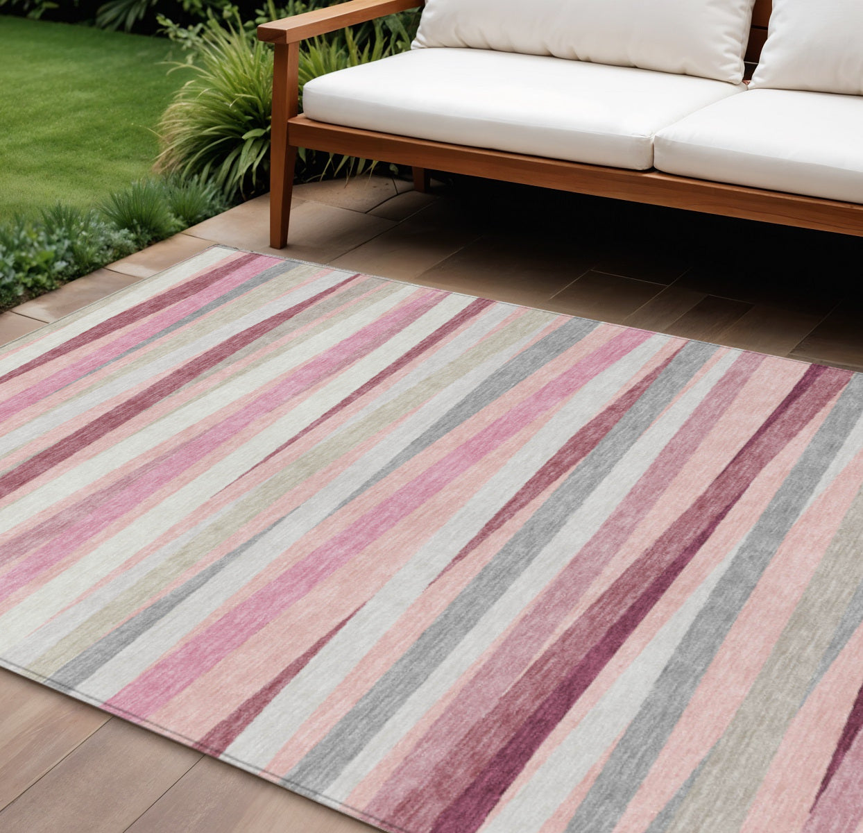 9' X 12' Pink Ivory And Gray Striped Washable Indoor Outdoor Area Rug