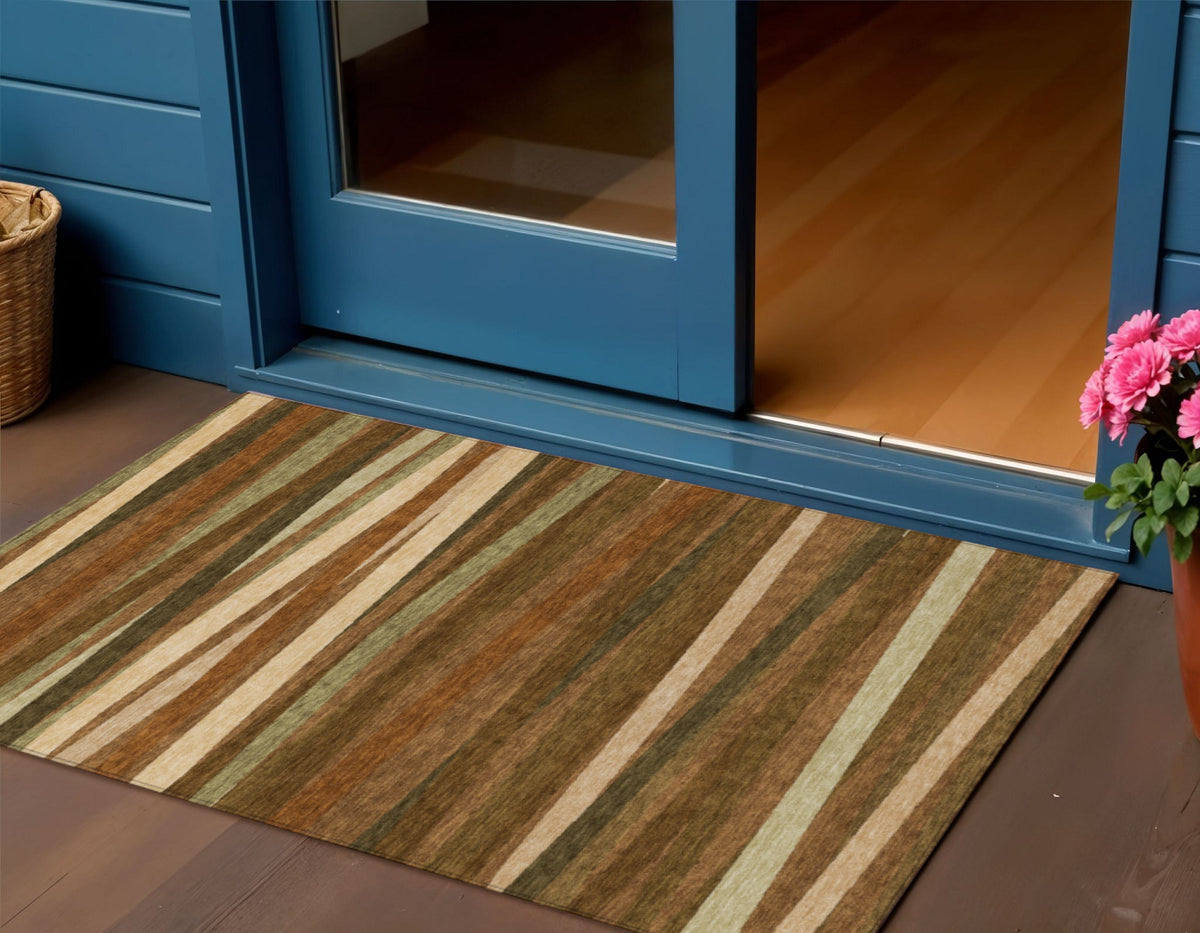 3' X 5' Brown Copper And Beige Striped Washable Indoor Outdoor Area Rug