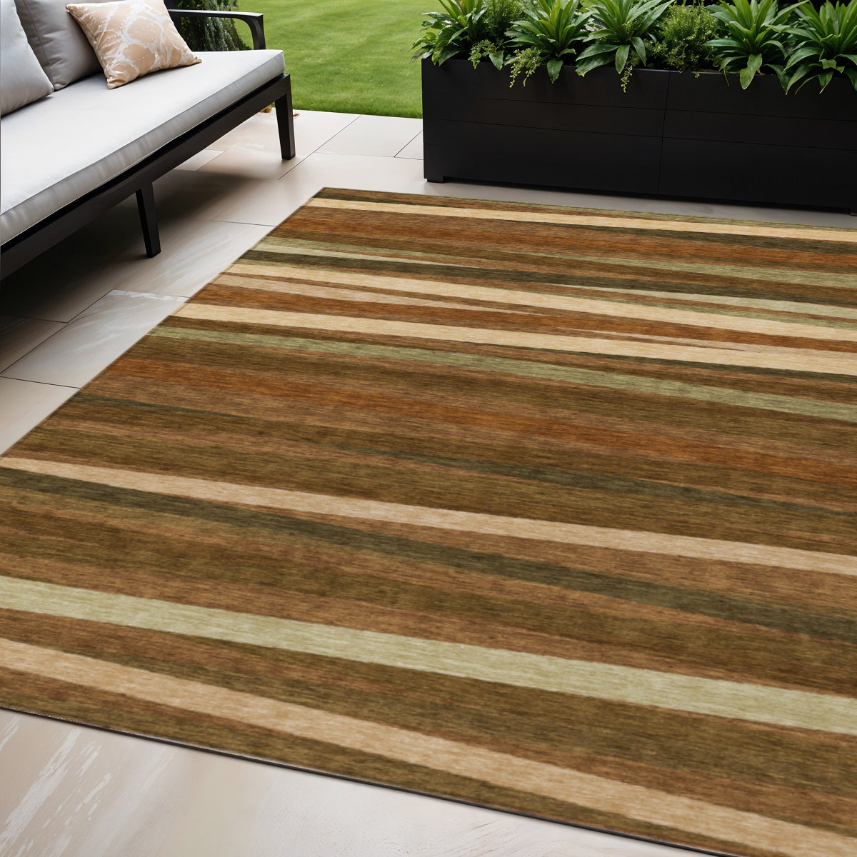 5' X 8' Brown Copper And Beige Striped Washable Indoor Outdoor Area Rug