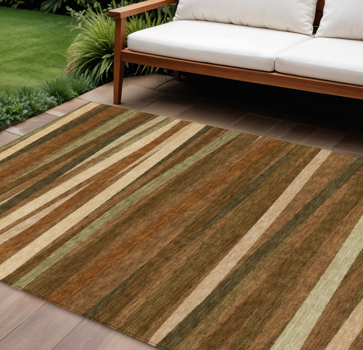 8' X 10' Brown Copper And Beige Striped Washable Indoor Outdoor Area Rug