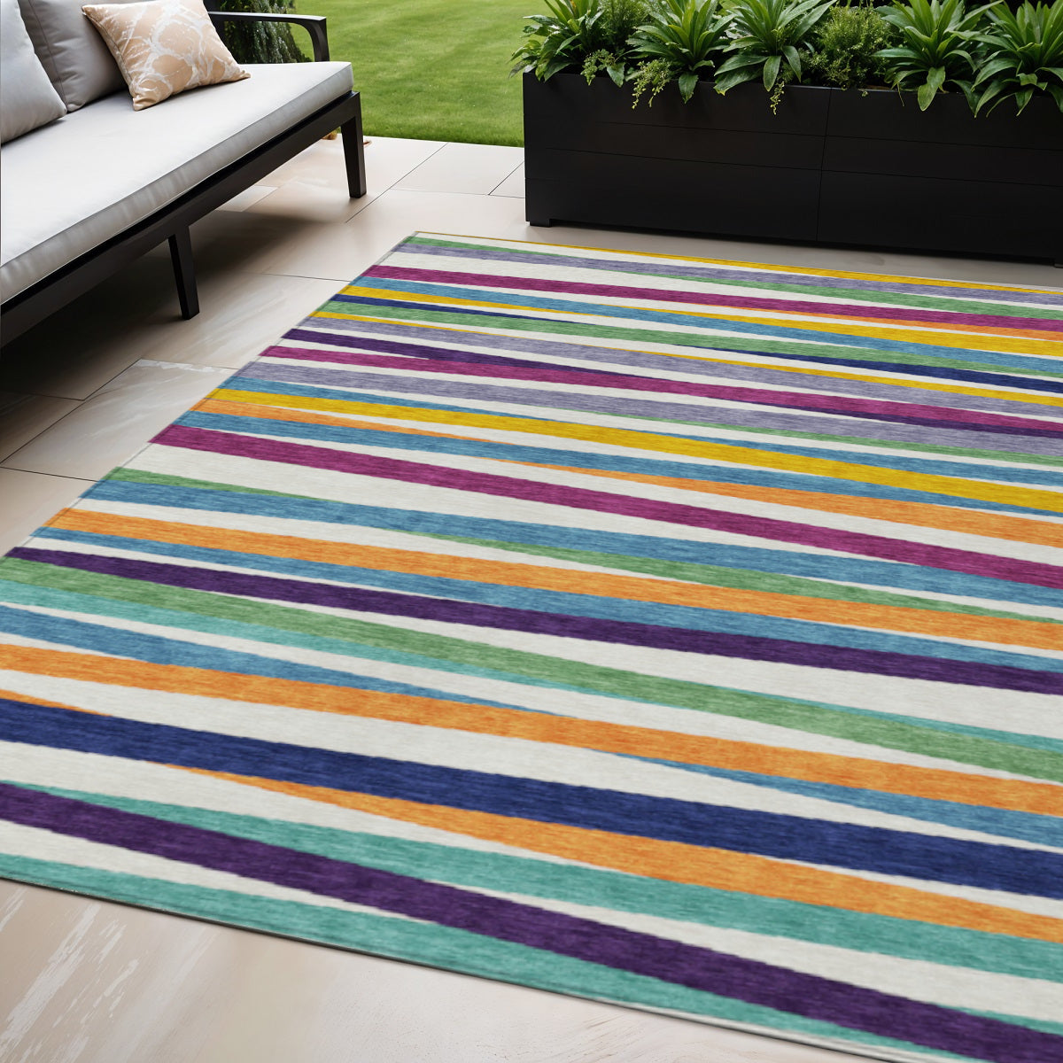 5' X 8' Blue Striped Washable Indoor Outdoor Area Rug