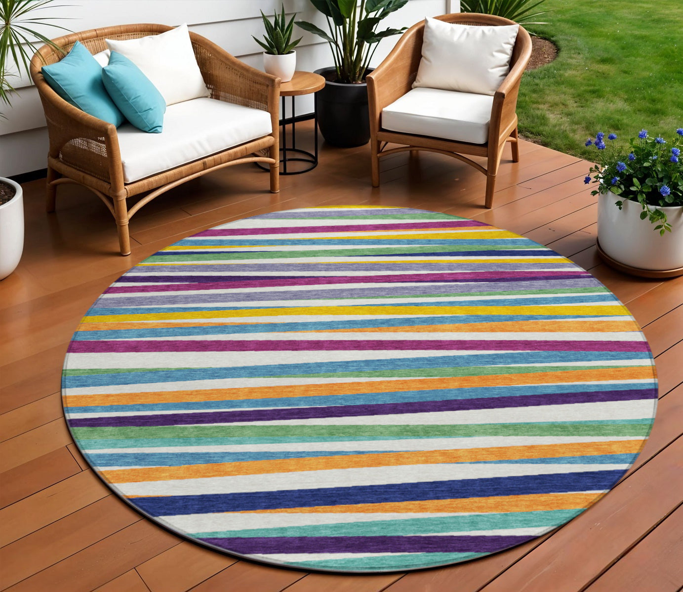 8' Blue Round Striped Washable Indoor Outdoor Area Rug
