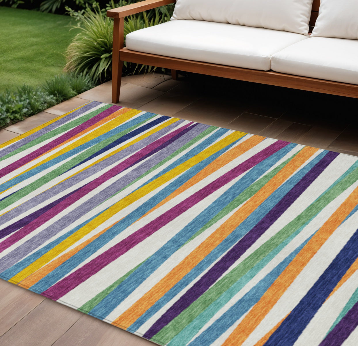 10' X 14' Blue Striped Washable Indoor Outdoor Area Rug
