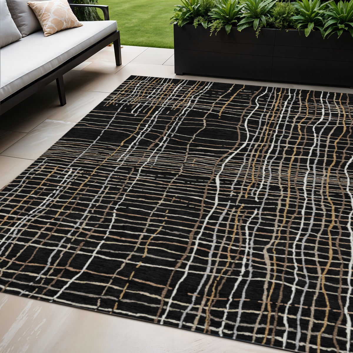 5' X 8' Black Ivory And Brown Striped Washable Indoor Outdoor Area Rug