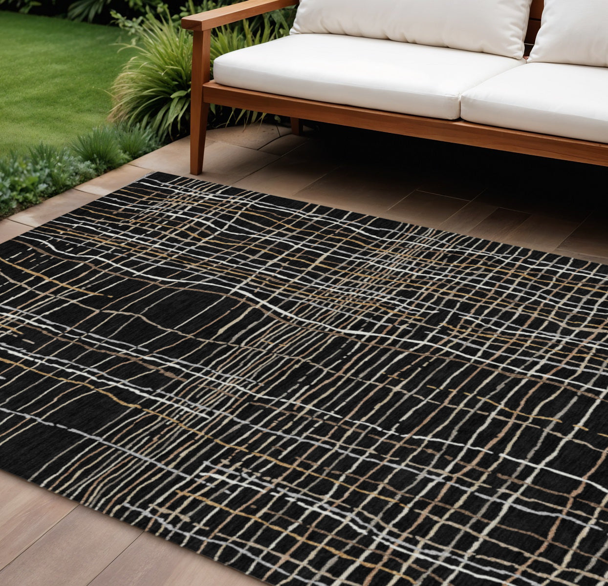 8' X 10' Black Ivory And Brown Striped Washable Indoor Outdoor Area Rug